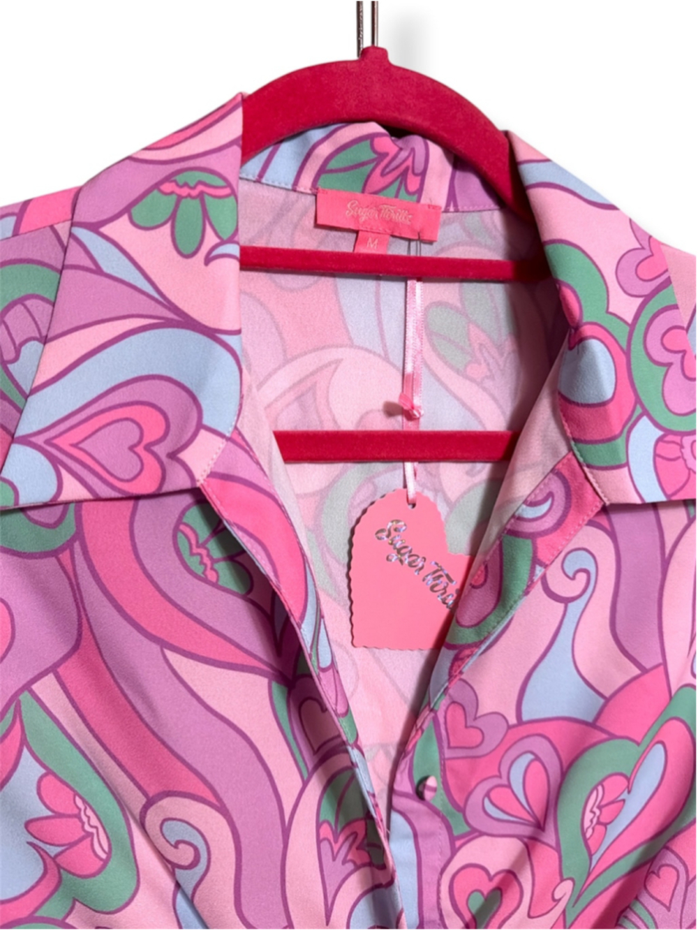 Sugar Thrillz by Dolls Kill Pink Blue Patterned Tie-Front Crop Top Size M - Picture 2 of 2